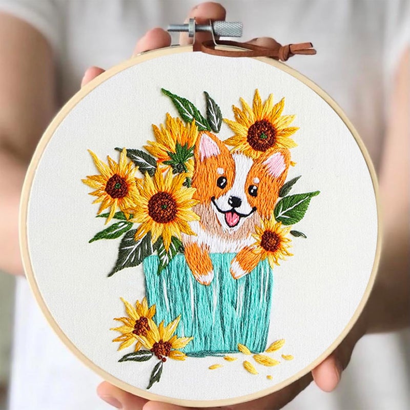 COCOMOX 3 Sets Embroidery Kit for Beginners, Dog Flower Pattern Embroidery Practice Kits for Adults, Hand Embroidery Kit, Easy to Follow Instruction and Video - Image 4
